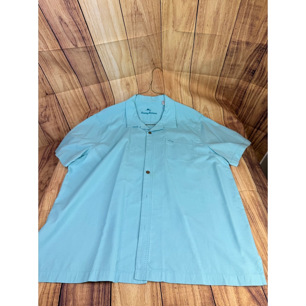 Tommy Bahama Mens XXL Light Blue Short Sleeve Button Down Camp Shirt Pick Stitch